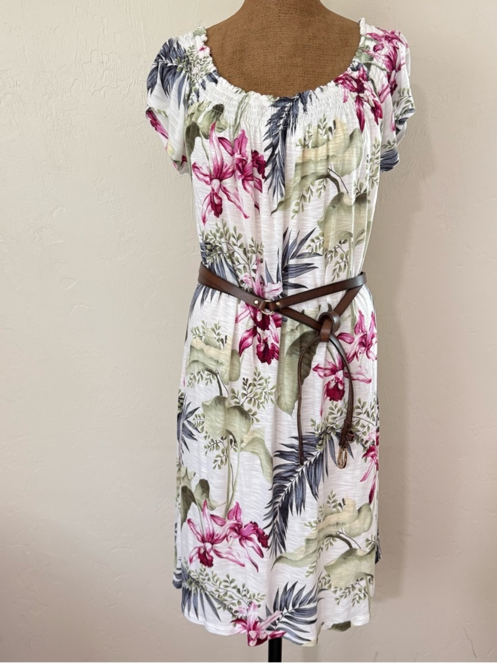Tommy Bahama tropical "Lillium Gardens" dress smocked, elastic neckline Size XL​